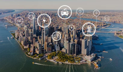 Foto op Plexiglas EV with aerial view of Manhattan, NY skyline © Tierney