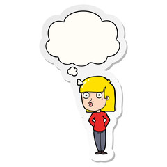 cartoon woman staring and thought bubble as a printed sticker