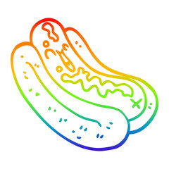 rainbow gradient line drawing cartoon hotdog in bun with ketchup