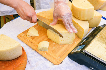 Man cuts cheese for sale and tasting. A wooden board and a white tablecloth on which lie the heads of fresh cheese. Close-up of sliced cheese, thin pieces. Different types of cheese.