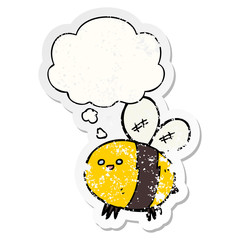 cartoon bee and thought bubble as a distressed worn sticker