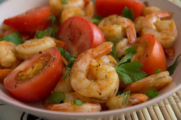 Salad with Royal prawns, red tomatoes, dill, parsley and green onions