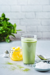 Ketogenic bulletproof matcha latte tea, coconut oil and ghee butter