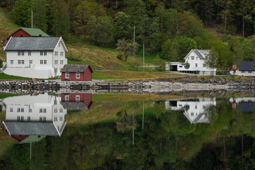 Fototapeta premium Modalen houses on the fjord, Norway