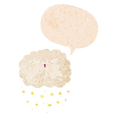 happy cartoon cloud and speech bubble in retro textured style