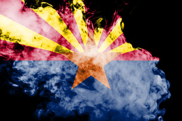 The national flag of the US state Arizona in against a gray smoke on the day of independence in different colors of blue red and yellow. Political and religious disputes, customs and delivery.