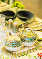 Luxury wedding party dinner table setting concept.