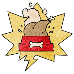cartoon whole cooked turkey crammed into a dog bowl for a happy christmas pup and speech bubble in retro texture style