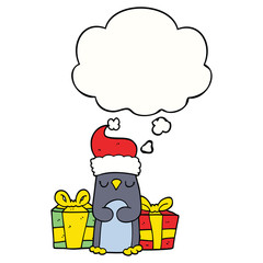 cute christmas penguin and thought bubble