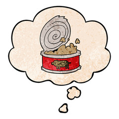cartoon canned food and thought bubble in grunge texture pattern style