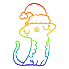 rainbow gradient line drawing cute cartoon cat wearing christmas hat