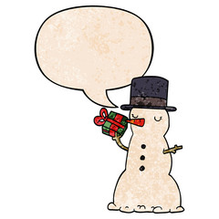 cartoon snowman and speech bubble in retro texture style