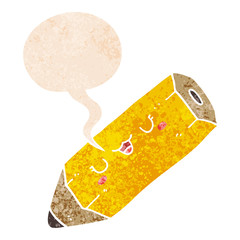 cute cartoon pencil and speech bubble in retro textured style
