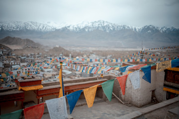 Fototapeta na wymiar Buddhist Tibetan prayer flag colorful flag different in five color different meaning, Leh Ladakh, India on background of Himalaya mountain.