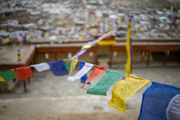 Buddhist Tibetan prayer flag colorful flag different in five color different meaning, Leh Ladakh, India on background of Himalaya mountain.