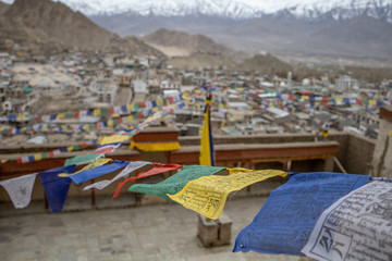 Fototapeta na wymiar Buddhist Tibetan prayer flag colorful flag different in five color different meaning, Leh Ladakh, India on background of Himalaya mountain.
