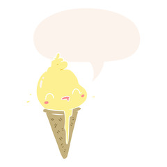 cute cartoon ice cream and speech bubble in retro style