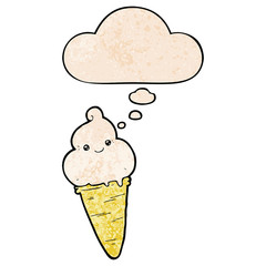 cartoon ice cream and thought bubble in grunge texture pattern style