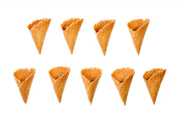 Empty wafer cone cups for ice cream isolated on white background