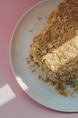 Photo of a delicious fantastic homemade fresh layered honeycomb modern cake on a porcelain white plate on pink background indoor on sunlight rustic style