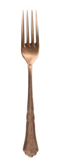 An overhead photo of a vintage style fork, isolated on a white background with a clipping path
