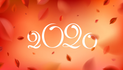 Fototapeta premium Autumn fall abstract studio background with red leaves and 2019 text vector design elements