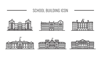 Building high school of the American or European, Asia line art vector icons