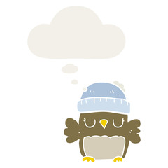 cute cartoon owl in hat and thought bubble in retro style