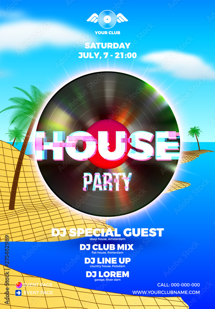 Poster beach party poster for clubbing dance event with 80s retro or synth wave style and palm trees