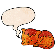 cartoon cat sleeping and speech bubble in retro texture style