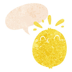 cute cartoon lemon and speech bubble in retro textured style