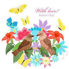 cute invitation card with colorful flowers and couple of birds f