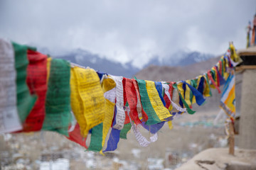 Buddhist Tibetan prayer flag colorful flag different in five color different meaning, Leh Ladakh,...