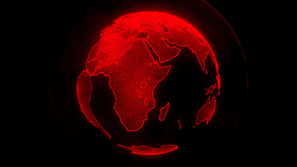 Digital red planet of Earth. Globe with shining continents. 3D illustration with digital Earth and particles