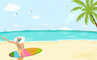 Fototapeta na wymiar Beautiful surfer girl on the beach at sunshine day. Flat design vector illustration.