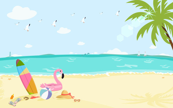 Sunny seascape with sand, palm tree, seagulls, sailings, sea animals and girly summer items. Flat design vector illustration.