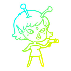 cold gradient line drawing pretty cartoon alien girl