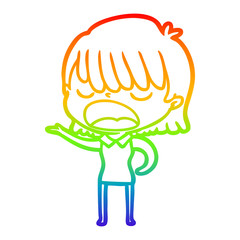 rainbow gradient line drawing cartoon woman talking loudly