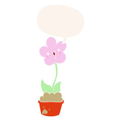 cute cartoon flower and speech bubble in retro style
