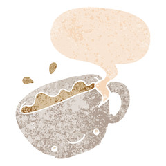 cartoon cup of coffee and speech bubble in retro textured style