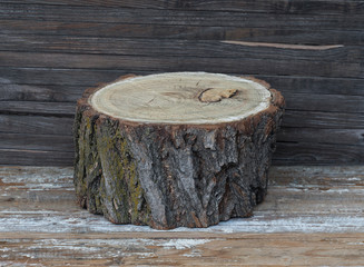 cut tree stump on wooden background