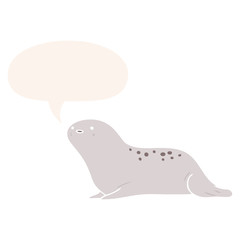 cute cartoon seal and speech bubble in retro style