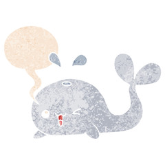 cartoon whale and speech bubble in retro textured style