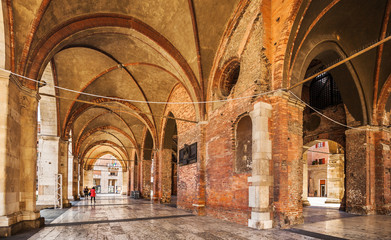 Arcades of the Gothic palace in the center of Piacenza