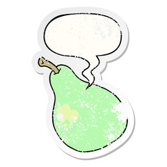 cartoon pear and speech bubble distressed sticker