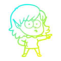 cold gradient line drawing cartoon elf girl staring and pointing
