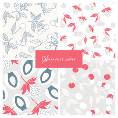 Modern summer fruits seamless pattern design set summer wine collection