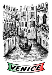 Vector illustration of sketch hand drawn view Venice in vintage style. Retro Italy, Venezia architecture, Italia. Advertising poster, banner, sign, gondola. Graphic design landmark, engraved postmark.