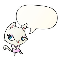 cute cartoon female cat and speech bubble in smooth gradient style