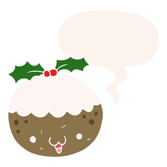 cute cartoon christmas pudding and speech bubble in retro style